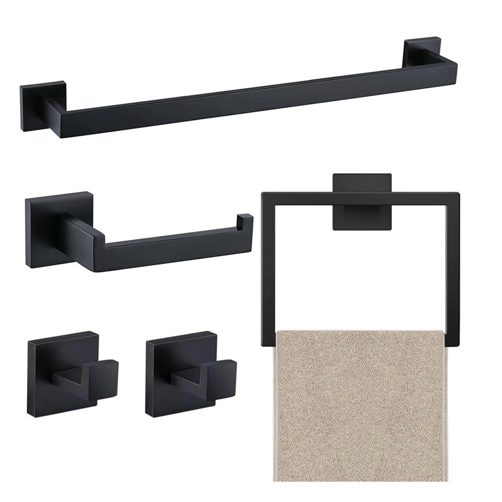 JOPOFI 5 PC Towel Bar Set 23.6" Bathroom Holder Matte Black Stainless NIB